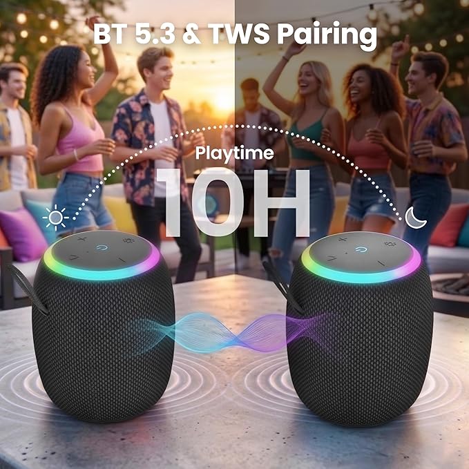 GEARit Small Portable Wireless Speaker with Deep Bass & RGB Light | 15W Bluetooth Speaker V5.3 IPX6 Waterproof & Dustproof | AUX & TWS Pairing 10H Playtime for Camping Beach Travel Home Gift
