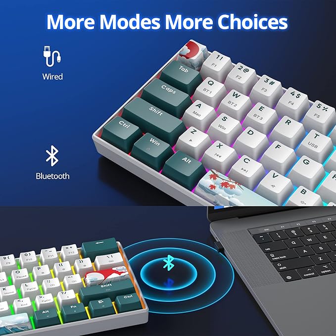 Fogruaden 60% Wireless Mechanical Keyboard, Hot Swappable USB-C Wired/Bluetooth Keyboard with RGB Backlit for Win/Mac, 61 Keys NKRO Gaming Keyboards, Double Shot PBT Keycaps(Red Switch, Forest)