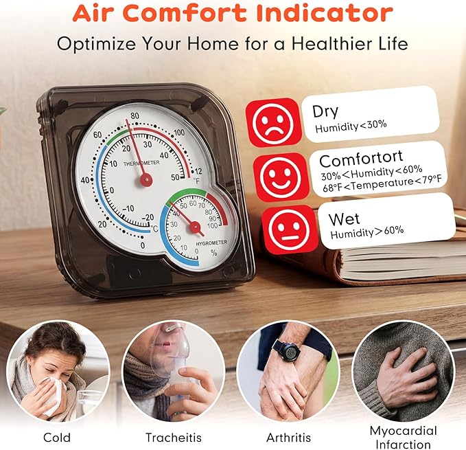 Kathfly 6 Pcs Indoor Thermometer and Humidity Gauge Indoor Mini Thermometer Hygrometer Temperature Humidity Meter Temperature and Monitor with Pointers for Home, Kitchen, Planting Room (Black)