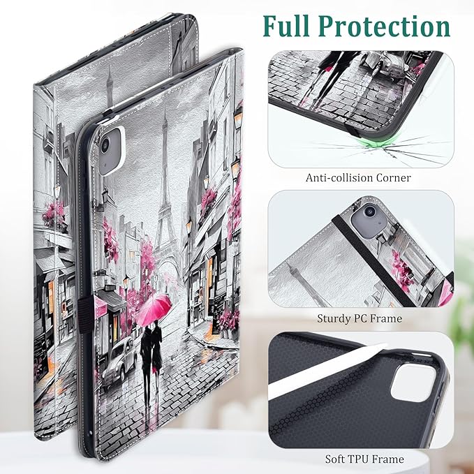 Lokigo New for iPad Air 13 inch Case (M3 2025 / M2 2024) / iPad Pro 12.9 inch Case (6th/5th/4th/3rd Generation 2022/2021/2020/2018), with Pencil Holder & Auto Wake/Sleep, Lover in Paris