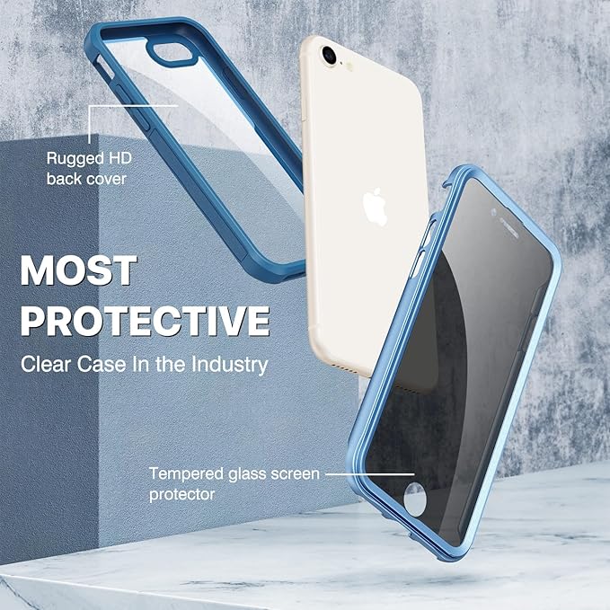 CENHUFO Privacy Case for iPhone SE 2022 3rd / iPhone SE 2020 2nd / iPhone 8/7, Full Body Phone Cover with Built-in 9H Tempered Glass Privacy Screen Protector, Anti Peep Shockproof Bumper - Blue