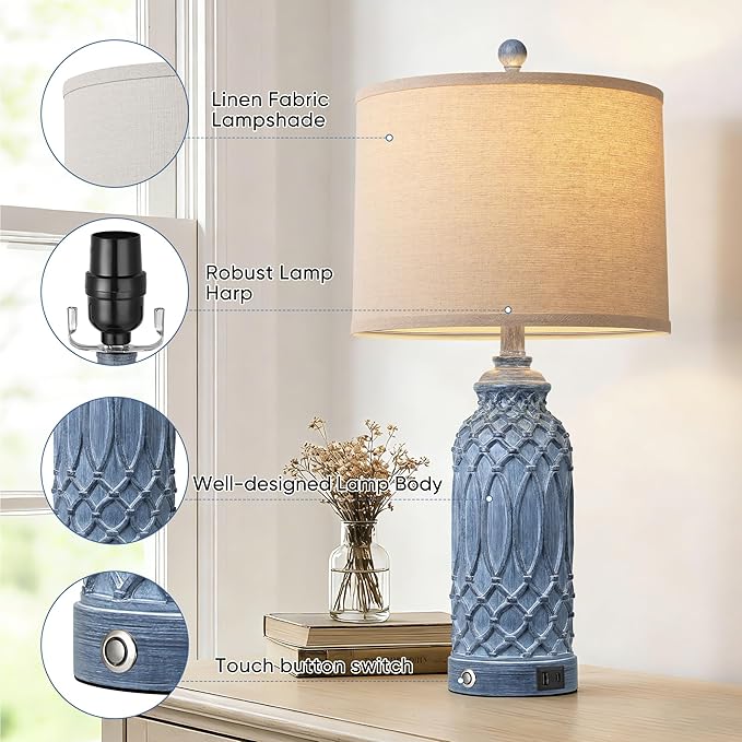 Woven Resin Table Lamps Set of 2, Farmhouse Table Lamps with USB Ports, Touch Button Switch Beside Lamps, Resin Desk Lamp, Linen Shade, Nightstand Lamp for Living Room Bedroom Decor (2 Bulbs Included)