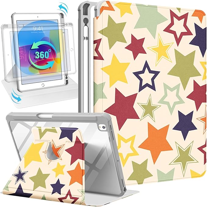 Uppuppy for iPad 9th/8th/7th Generation Case for iPad Air 3rd/ Pro 10.5” Case - 360 Rotating Stand Folio Smart Cover with Pencil Holder for Women, Colorful Stars for Apple Tablet 7/8/9 Gen 10.2 inch