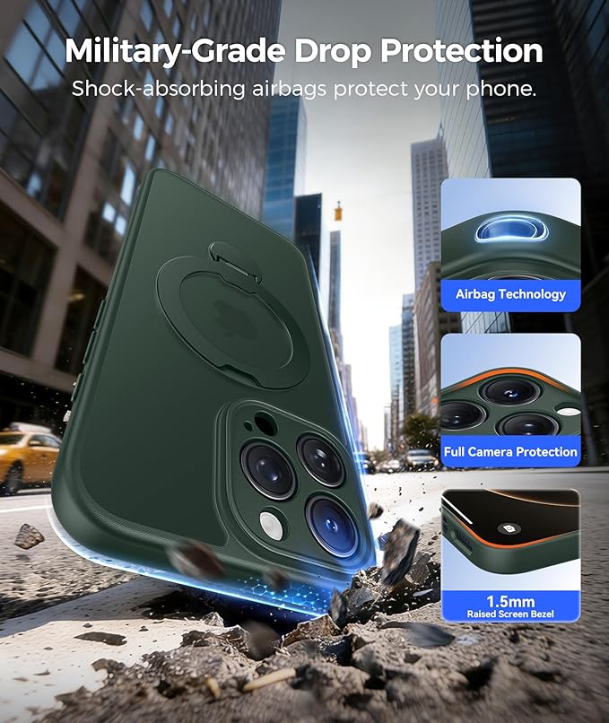FNTCASE for iPhone 16 Pro-Max Case: [360 Spin Magnetic Stand] [Compatible with Magsafe] [Screen Protector] Translucent Matte Military Grade Shockproof Full Camera Protective Phone Cover - Green