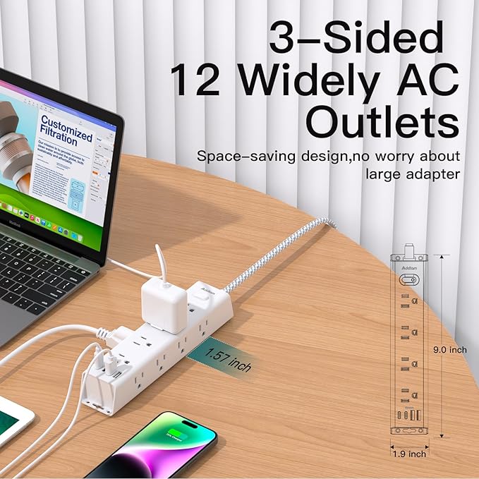 Addtam Power Strip Surge Protector with 12 AC Outlets & 4 USB Ports, 5FT Extension Cord, Flat Plug, Wall Mount, 1050J Overload Protection, Desk Charging Station for Home Office, ETL Listed, White