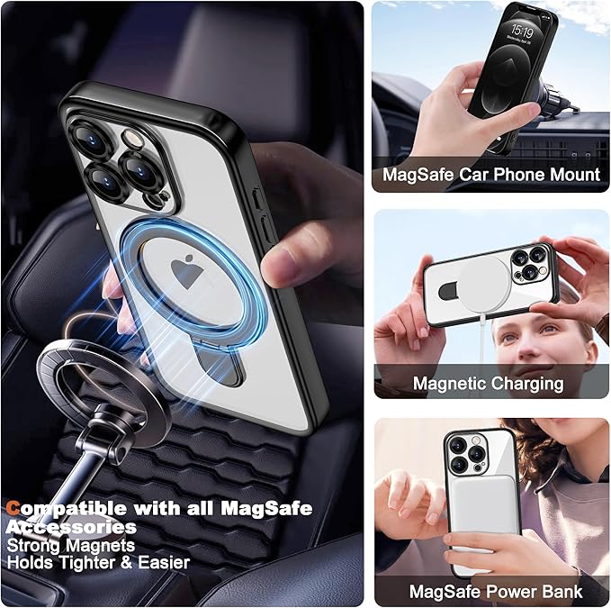 Compatible with iPhone 12 Pro Max Case with Invisible Magnetic Ring Stand [Compatible with Mag-Safe] [Full Camera Lens Protector] Plating Clear Phone Case for iPhone 12 Pro Max 6.7", Black
