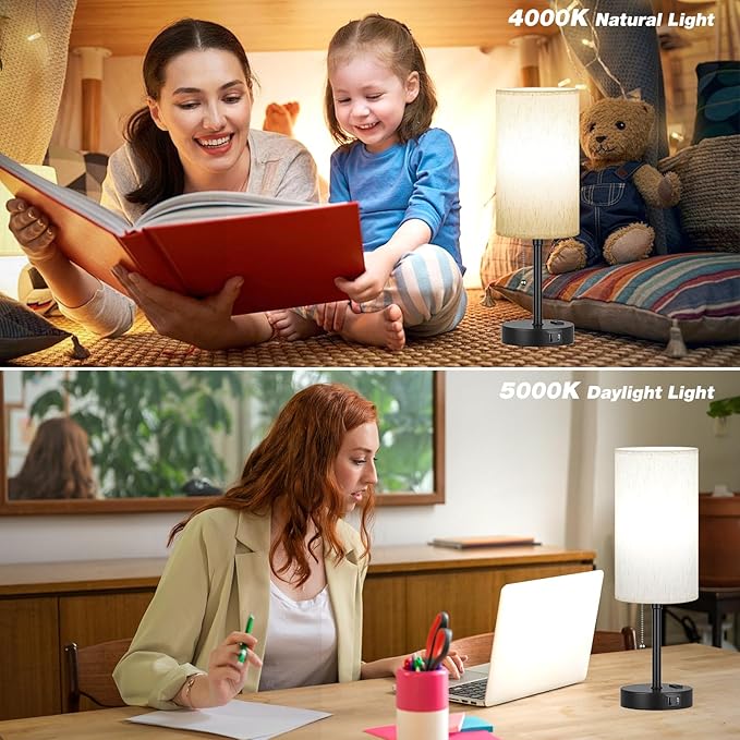 PartageiZ Pull Chain Table Lamp for Bedroom - 3 Color Temperatures, USB A + C Charging, AC Outlet, 17.4 inch Tall Bedside Lamp with E26 LED Bulb