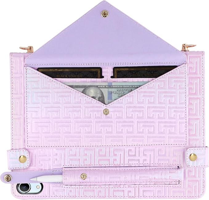 Shiny Case for iPad (A16) 2025 11"/iPad 10th Generation Handbag with Hand Strap, Techcircle Crossbody Iridescent Folio Stand Wallet Case with Pencil Holder+Card Slots+Shoulder Strap, Shiny Lilac