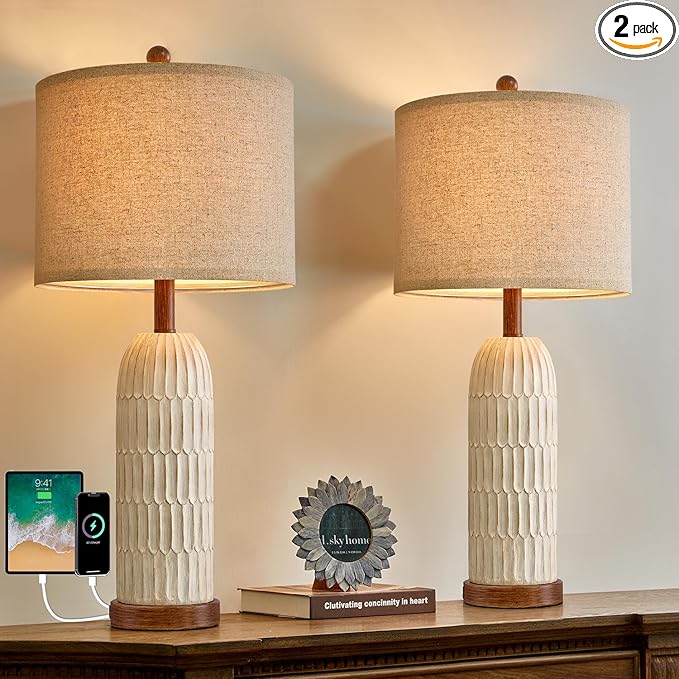 OYEARS 26.5" Bedside Table Lamps Set of 2, Farmhouse Table Lamp with USB A+C Charging Ports,Vintage Nightstand Lamp for Bedrooms and Living Rooms, Retro Resin End Table Lamp with Linen Shade, Brown
