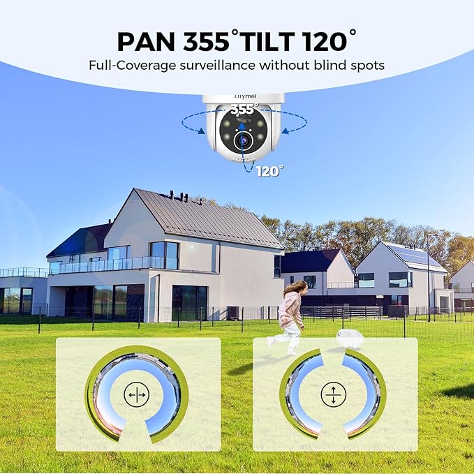 LITYMOL 2K 360° View Security Cameras Wireless Outdoor, Solar Cameras for Home Security, Color/IR Illumination Night Vision, AI Detection, 2-Way Audio, Siren Alarm, SD/Cloud Storage, 2.4g WiFi