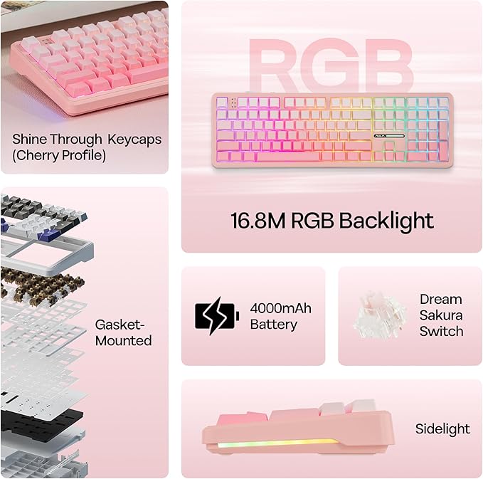 MechLands Aula F108 100% Wireless Gaming Keyboard, Full Size Custom Gasket Mechanical Keyboard, 4000mAh Battery, Programmable 108 Keys, Hot-Swappable, for Win/Mac (Pink Gradient)