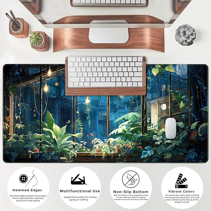Plant Desk Mat Green Big Mouse Pad Large Gaming Mousepad Extended Keyboard Pad City View Aesthetic Desk Pad XXL Mouse Mat 31.5''X15.7'' Office Decor Cute Desk Accessories for Women