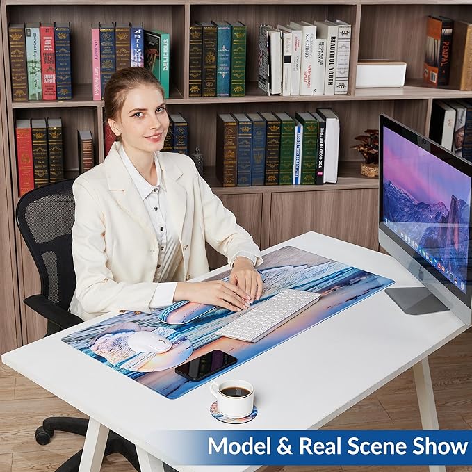 Desk Mat Set + Keyboard and Mouse Pad with Wrist Rest Support,4-in-1 Large Mousepad Computer Mats for Desktop Home & Office-Golden Blue Marble
