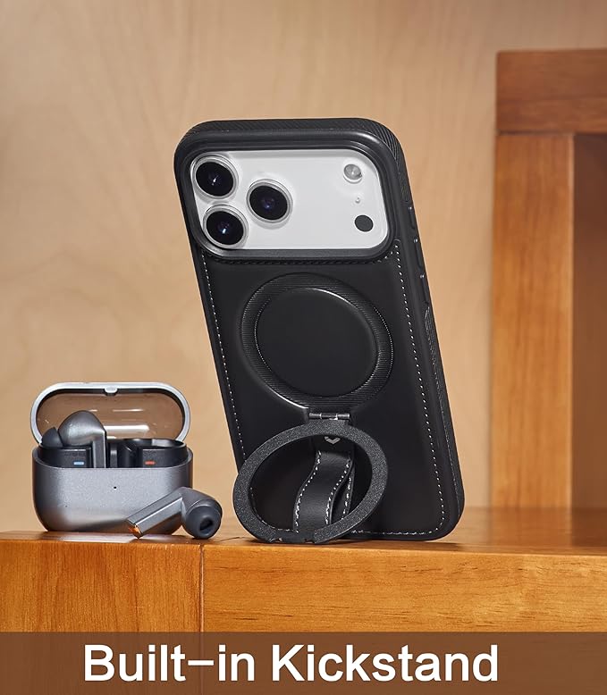 Butaiga for iPhone 17 Pro Max Leather Case with Stand, Anti-Slip Grip Ring, Fits for MagSafe (Black, iPhone 17 Pro Max)