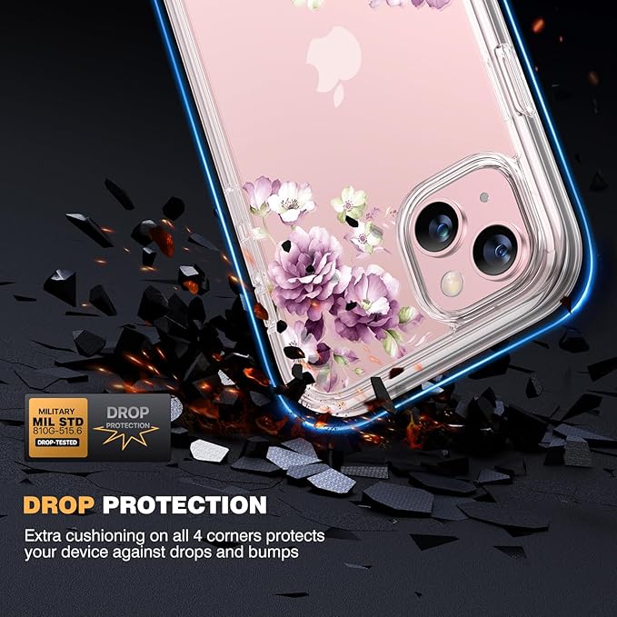 Diaclara Designed for iPhone 15 Case, Full Body Rugged Case with Built-in Touch Sensitive Anti-Scratch Screen Protector, with Camera Lens Protector for iPhone 15 6.1" (Peony)