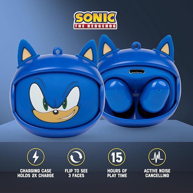 Sonic The Hedgehog Wireless Earbuds, True Wireless Bluetooth Earbuds, in-Ear Headphones with Active Noise Cancelling and Charging Case (Sonic The Hedgehog)