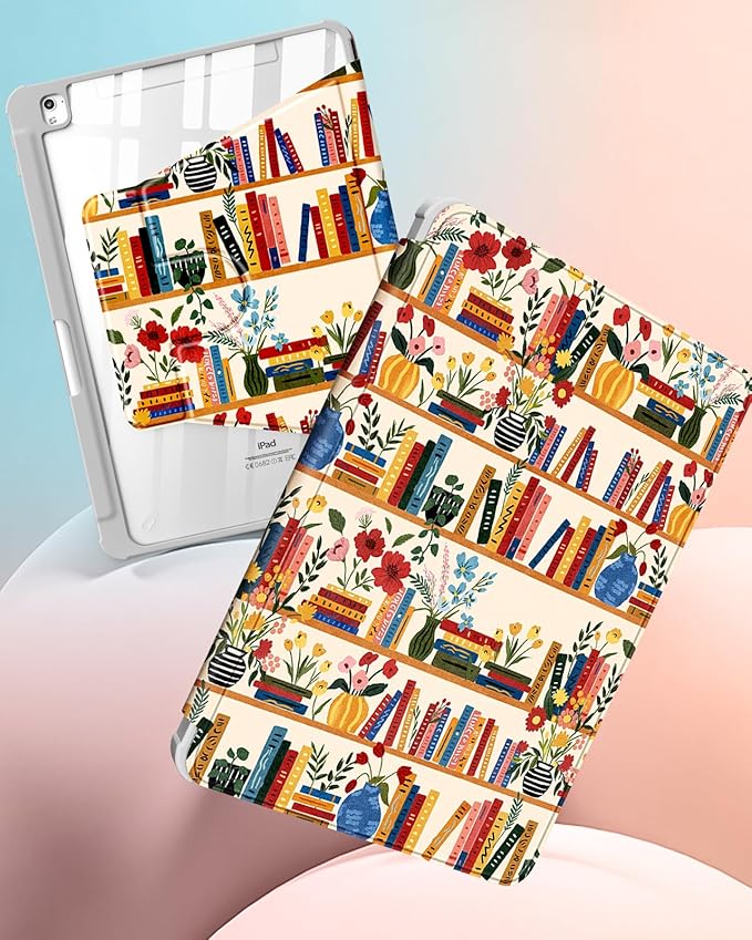 Uppuppy for iPad 9th/8th/7th Generation Case for iPad Air 3rd/ Pro 10.5” Case - 360 Rotating Stand Folio Smart Cover with Pencil Holder for Women, Flower Bookshelf for Apple Tablet 7/8/9 Gen 10.2”