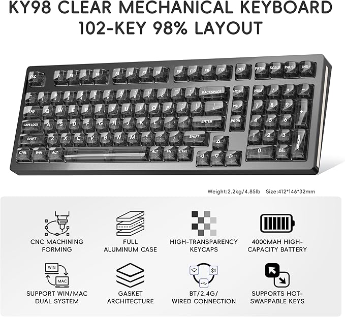 kutethy KY98 Wireless Mechanical Keyboard with Transparent Keycaps,Full Aluminum CNC,Hot-swappable,Pre-lubed Linear Switches,Gasket Structure,RGB Backlit,OLED Screen,BT5.0/2.4G/USB-C Wired (Black)