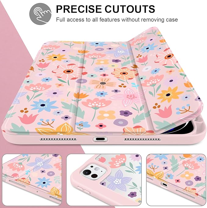 Case for iPad Pro 11 inch (M5) 2025 (M4) 2024 Release Slim Lightweight Cute Light Pink Cover with Clear Back TPU Edge Pencil Holder Trifold Stand, Colorful Flowers