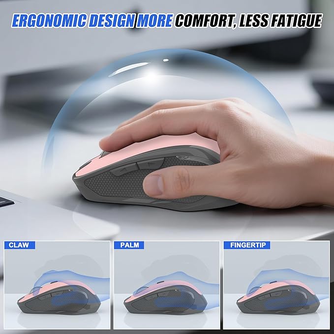 Bluetooth Wireless Mouse for Mac MacBook Air iPad Pro PC, Ergonomic Rechargeable Computer Mouse with Jiggler Mode, 3 DPI Levels & Forward/Back Buttons Laptop Mice for Office/Home/School, Pink