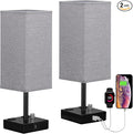 aooshine Gray Fully Dimmable Nightstand Lamps Set of 2 - Table Bedside Lamp with USB C+A Charging Ports & 2 AC Outlets, Square Lamp Sets Linen Fabric Shade for Bedroom Living Room(Bulb Included)
