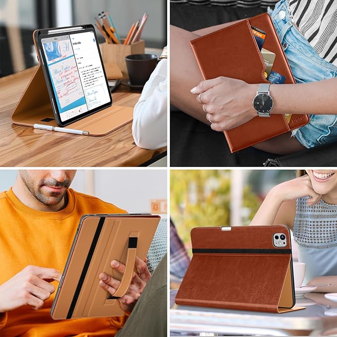 DTTO for iPad Pro 13 Inch Case (M5/M4) 2025/2024, Premium Leather Business Folio Stand Cover with Pencil Holder - Auto Wake/Sleep & Multiple Viewing Angles, Built in Hand Strap & Pocket, Brown