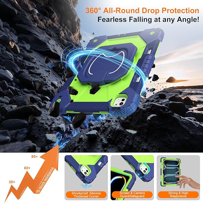 Case for iPad Pro 13 Inch M5 2025/ M4 2024, Ubearkk for iPad Pro 13 Inch case with Screen Protector, 360 Degree Rotating Stand Shoulder Strap Pencil Holder,Military Grade Shockproof, Navy Green