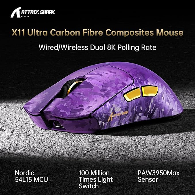 ATTACK SHARK X11 Ultra 8K Carbon Fiber Wireless Gaming Mouse with 42000 DPI-PAW3950 MAX Sensor-63g Lightweight,Nordic 54L15 MCU Chip,Wired/BT/2.4Ghz,100 Million Clicks,Programmable for PC Mac(Purple)