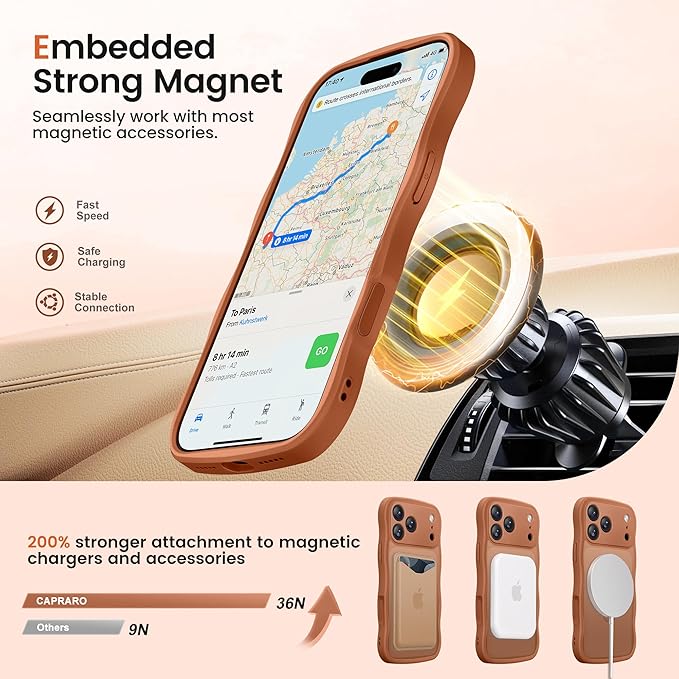 CAPRARO for iPhone 17 Pro Max Case with 360° Spin Magnetic Stand for Women, [Compatible with MagSafe] [Full Camera Protection] Cute Wave Translucent Matte Case for iPhone 17 Pro Max, Cosmic Orange