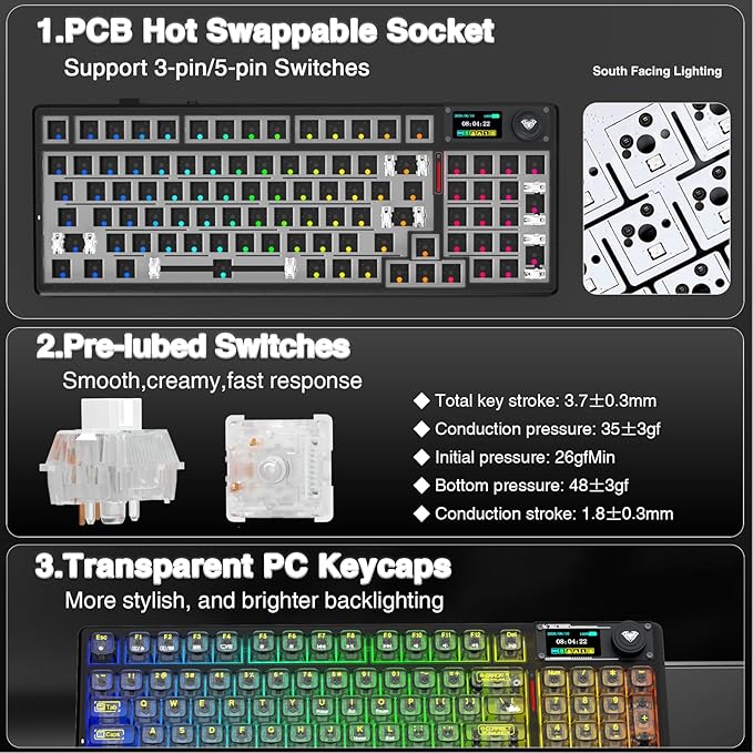 AULA F98 Pro V3 Wireless Mechanical Keyboard with Transparent Keycaps,Hot-swappable,Pre-lubed Linear Switches,Gasket Structure,RGB Backlit,TFT Screen,BT5.0/2.4G/USB-C Wired Computer Keyboard