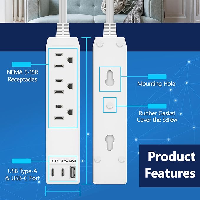 LIDER Outlet Extender with 3 Receptacles, USB Type-A and 2 USB Type-C Port, Ultra-Thin Flat-Plug with Cord Extender, 3-Outlet Power Strip, Slim Angled Design, UL-Listed, 5ft Cord, White