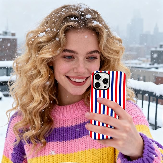 Magnetic for iPhone 13/14 Case Cute Stripes Phone Case, Shockproof Slim TPU and Hard PC Protective Phone Cover Compatible with MagSafe Designed for Women Girls, Red and Blue