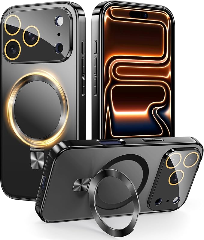TOBOVON Magnetic for iPhone 17 Pro Max Case with Ring Stand, Fits MagSafe, with Built-in Camera Lens Protector, Slim Electroplated Shockproof Phone Cover, Black