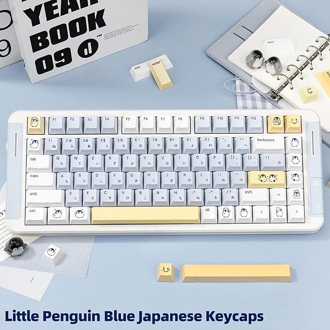 134 Keys Blue&White Penguin Keycaps - Cute PBT Japanese Keycap Cherry Profile Dye Sublimation - Custom White Key Cap for Cherry Gateron MX Switches Mechanical Gaming Keyboard