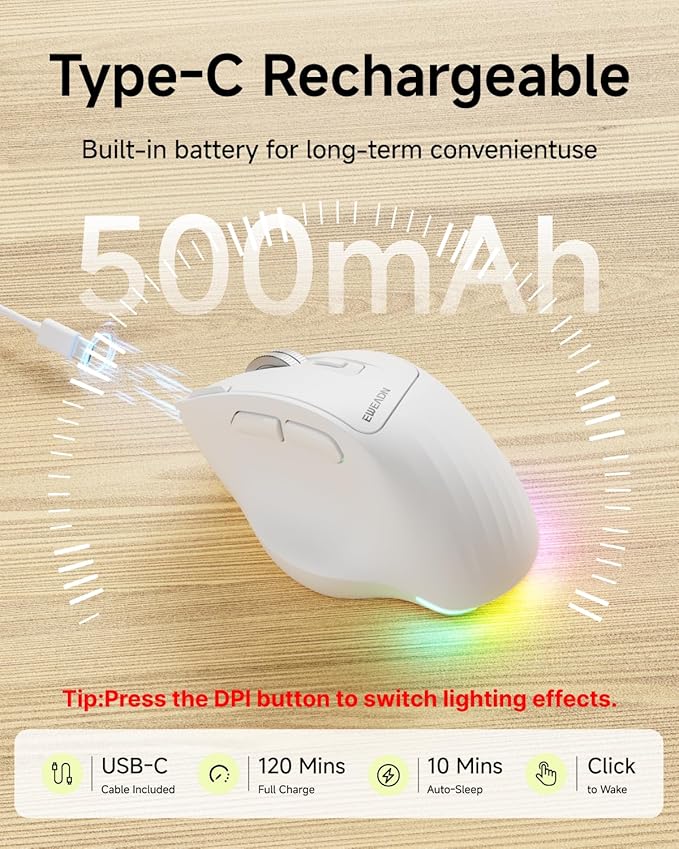 EWEADN C2 Ergonomic Wireless Mouse, Rechargeable Bluetooth & 2.4G Dual Mode Computer Mouse with RGB, Quiet Clicks, 5 Adjustable 4000 DPI, Comfortable Grip for Laptop, PC, Mac, Office - White