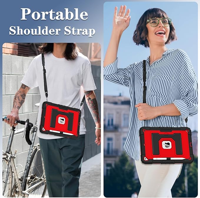 Kids Friendly Case for Apple iPad 10.2" 9th 8th 7th Generation 2021/2020/2019 Case with Pencil Holder & Shoulder Strap, Military Grade Shockproof Kickstand Hard Shell Protective Cover,Black+Red
