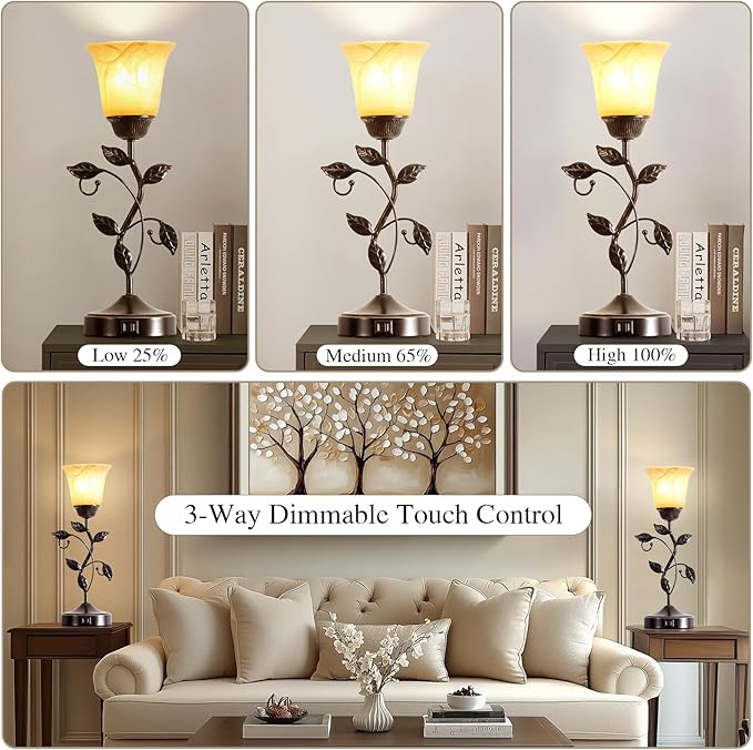 Set of 2 Touch Vintage Table Lamps with 2 USB Ports, 3-Way Dimmable Nightstand Flower Lamps, Amber Glass Shade Rustic Leaf Lamp for Living Room Bedroom, LED Bulb Included (Bronze)
