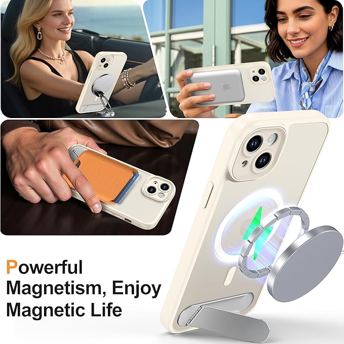 Magnetic Compatible with iPhone 15 Plus Case, [Built-in Kickstand][Full Camera Protection][Compatible with MagSafe][Anti-Fingerprint] Shockproof Phone Case for iPhone 15 Plus 6.7",Beige