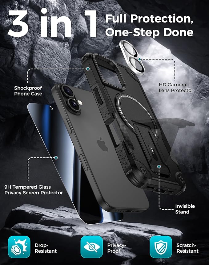 Goton for iPhone 16 Case with Privacy Tempered Glass Screen Protector & Camera Lens Protector, Compatible with MagSafe, Invisible Kickstand, Shockproof Phone Cover for iPhone16, Black