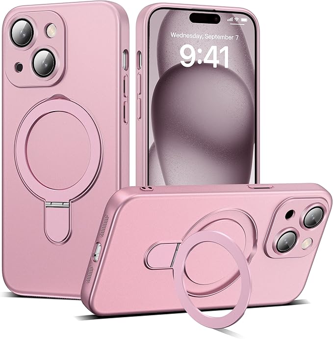 Compatible with iPhone 15 Case with Magnetic Ring Stand [Compatible with Mag-Safe] [Full Camera Lens Protector] Soft Plating Phone Case for iPhone 15 6.1", Rose Gold
