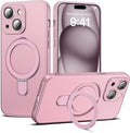 Compatible with iPhone 15 Plus Case with Magnetic Ring Stand [Compatible with Mag-Safe] [Full Camera Lens Protector] Soft Plating Phone Case for iPhone 15 Plus 6.7", Rose Gold
