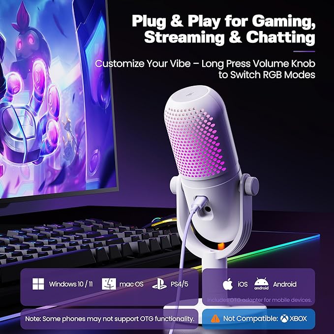 USB Microphone for PC Gaming: Condenser Microphone RGB for Gamer with Stand Mic - Recording Mic for Computer&Laptop with Qiuck Mute - Desk Podcast Mic for Podcast & Singing & Streaming & Youtube White