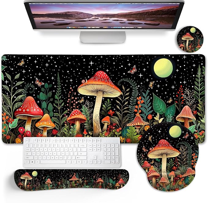 Blusabaca Mushroom Mouse Pad, Funny Cute Desk Mat Large Gaming Mouse Pad with Wrist Rest, Keyboard Pad Wrist Rest Ergonomic, Cup Coaster, Work Home Desk Accessories Office Supplies