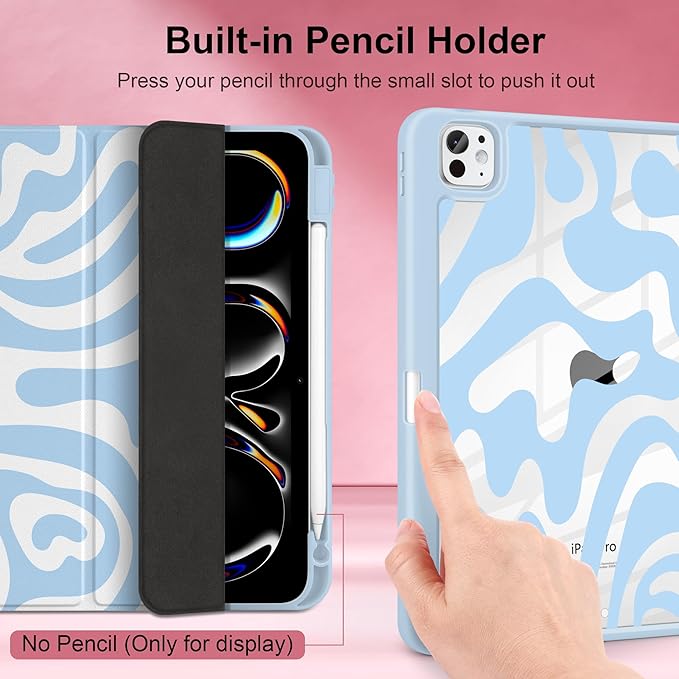 Case for iPad Pro 11 Inch (M5 2025 M4 2024) – [Built-in Pencil Holder], Shockproof & Stylish, Clear Hard Back + Soft TPU Edge, Magnetic Trifold Stand, Auto Wake/Sleep, Blue Wave