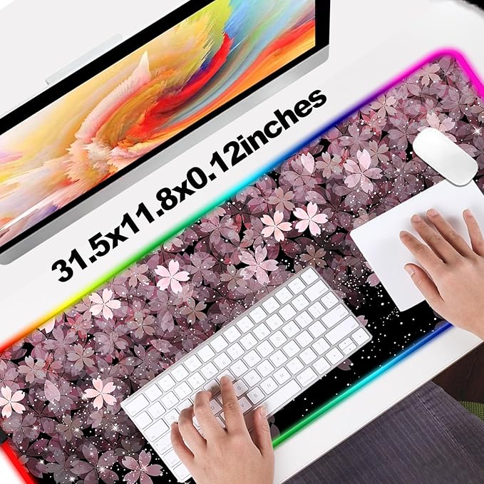 RGB Japanese Cherry Blossom Gaming Desk Mat, Computer Keyboard Large Extended Flowers LED Mouse Pad for Office and Home, 31.5×11.8 Inches, XL, Black