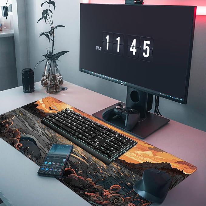 Japanese Sea Waves Large Gaming Mouse Pad,Anime Mouse Pad Gaming Mouse Mat Desk Pad,31.5 x 11.8in Desk Mat Mouse Pads for Desk,Extended Keyboard Pad XL Mousepad with Non-Slip Base and Stitched Edge