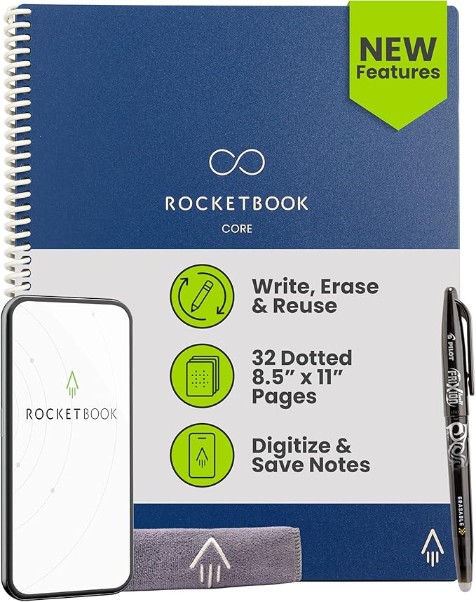 Rocketbook Core Reusable Smart Notebook, Dot Grid Pages For School, Work and Creative Projects, Letter Size 8.5x11, Blue - Premium