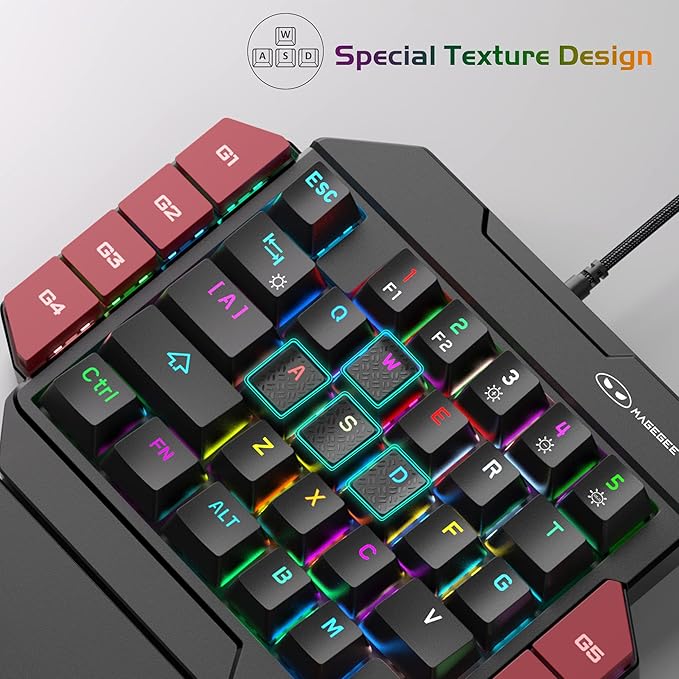 MageGee One Handed Professional Gaming Keyboard, RGB Backlit 35 Keys Mini Wired Mechanical Keyboard with Red Switch for PC Gamer, Support 6 Macro Keys - Black/Red