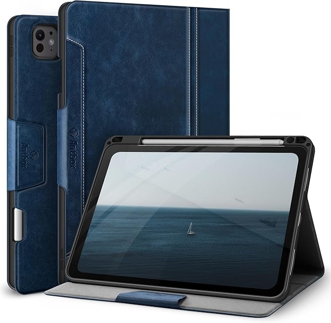 Antbox for iPad Pro 11 Inch Case M5 2025/M4 2024, Built-in Pencil Holder, Fully Supports Pencil Pro/USB-C, Auto Sleep/Wake Function Vegan Leather (Blue)