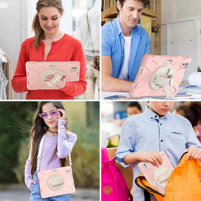 BRAECNstock Kids Case for Apple iPad Pro 11 inch M5 2025/ M4 2024, Shockproof Protective Case with Pencil Holder, 360° Rotating Hand Strap & Stand, Shoulder Strap for iPad Pro 11 M5/M4, Sakura Pink